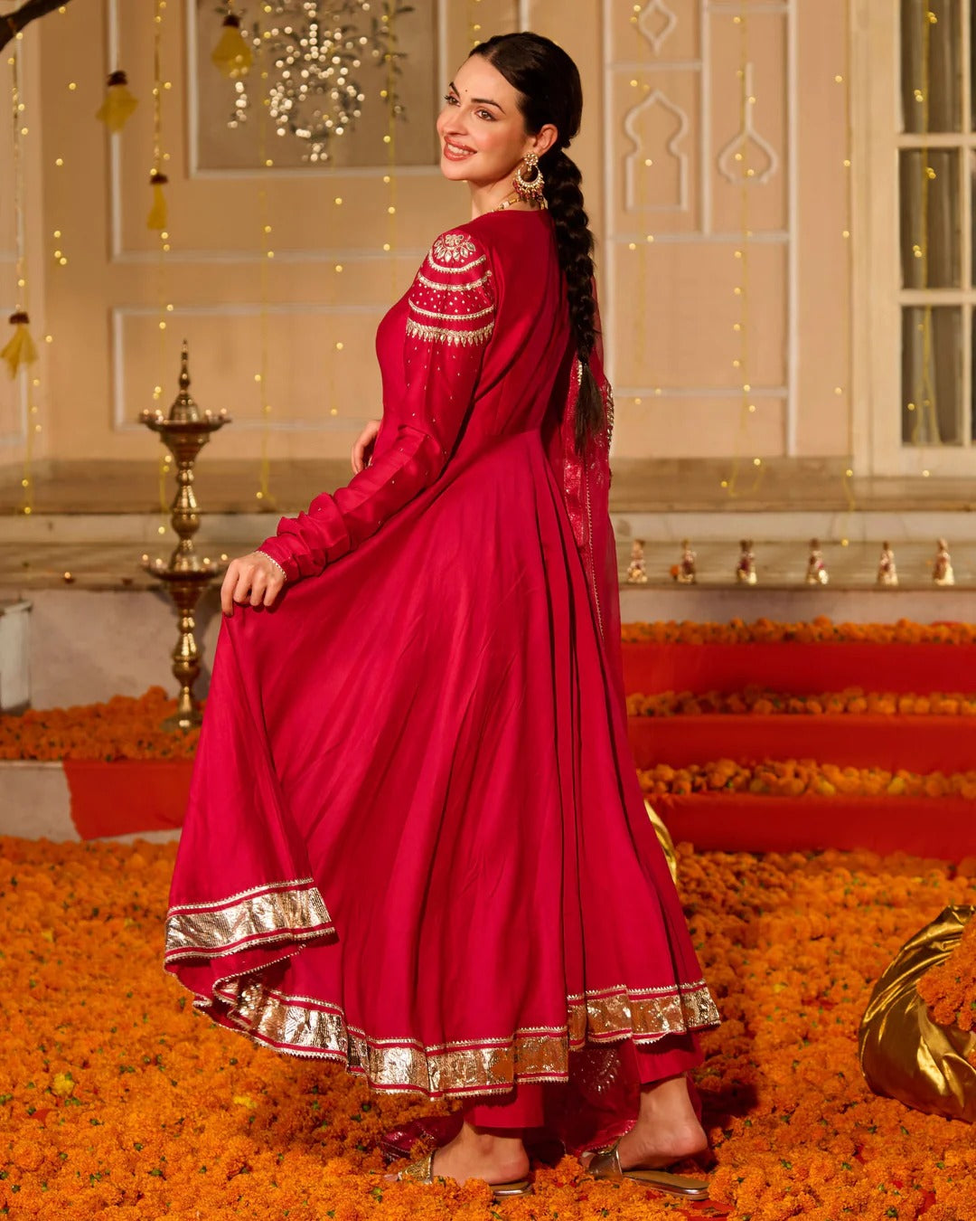 Hot Pink Anarkali Suit Set with Embroidered Organza Dupatta for Women