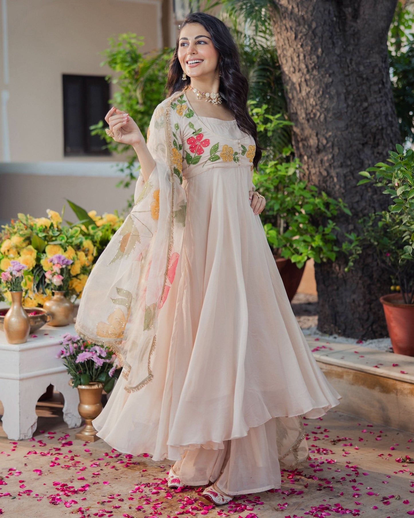 Ivory Floral Embroidered Anarkali Suit Set with Organza Dupatta for Women