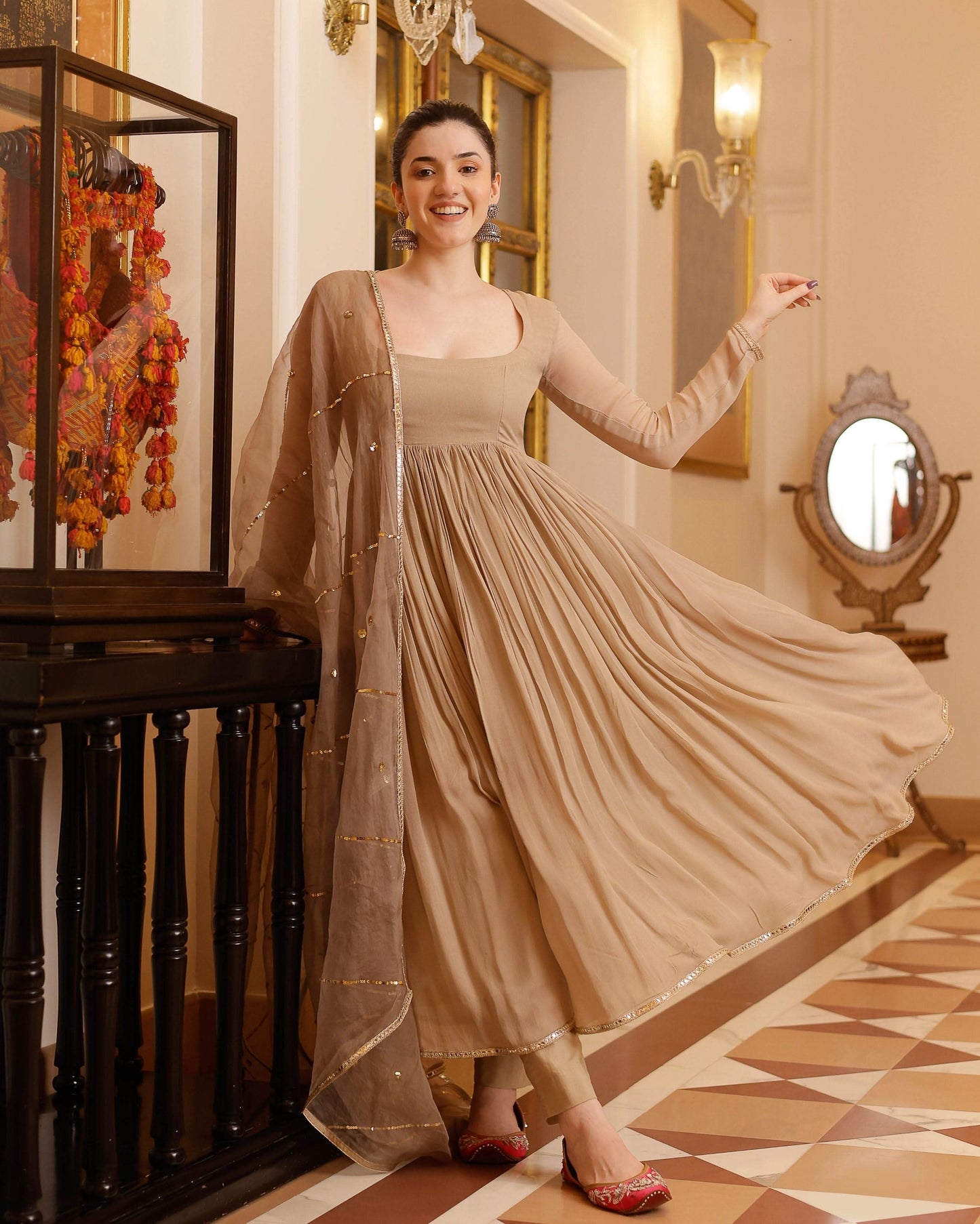 Beige Pleated Anarkali Suit Set with Dupatta for Women