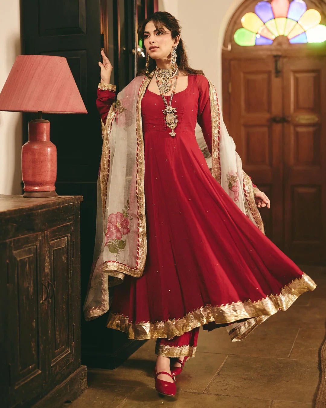 Maroon Anarkali Suit Set with Floral Embroidered Dupatta for Women