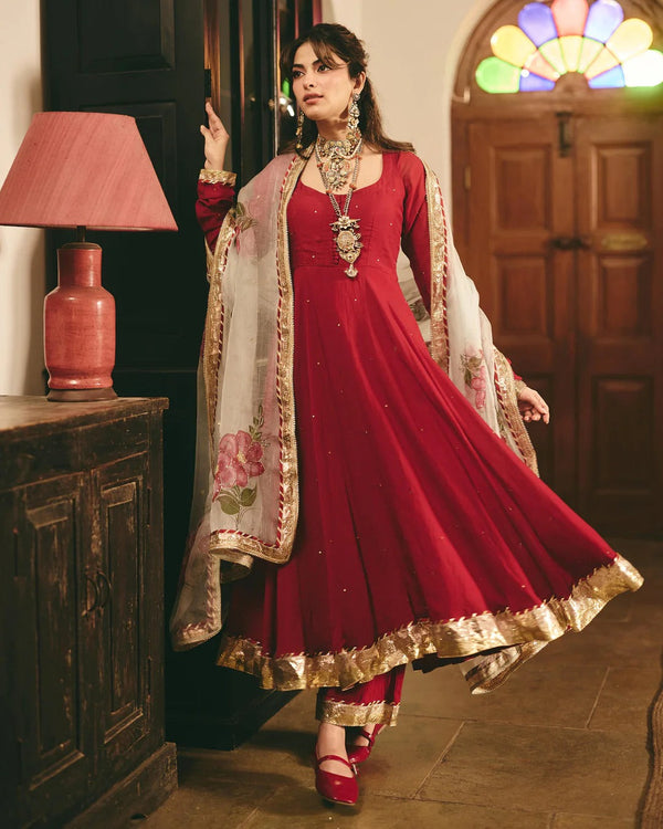 Maroon Anarkali Suit Set with Floral Embroidered Dupatta for Women