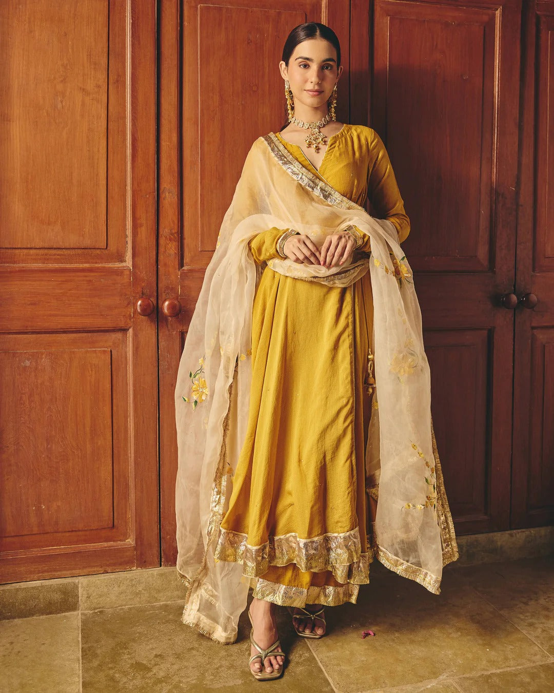 Mustard Yellow Anarkali Suit Set with Floral Embroidered Dupatta for Women