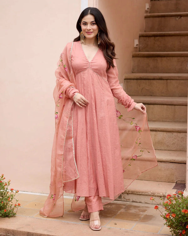 Peach Anarkali Suit Set with Floral Embroidered Dupatta for Women