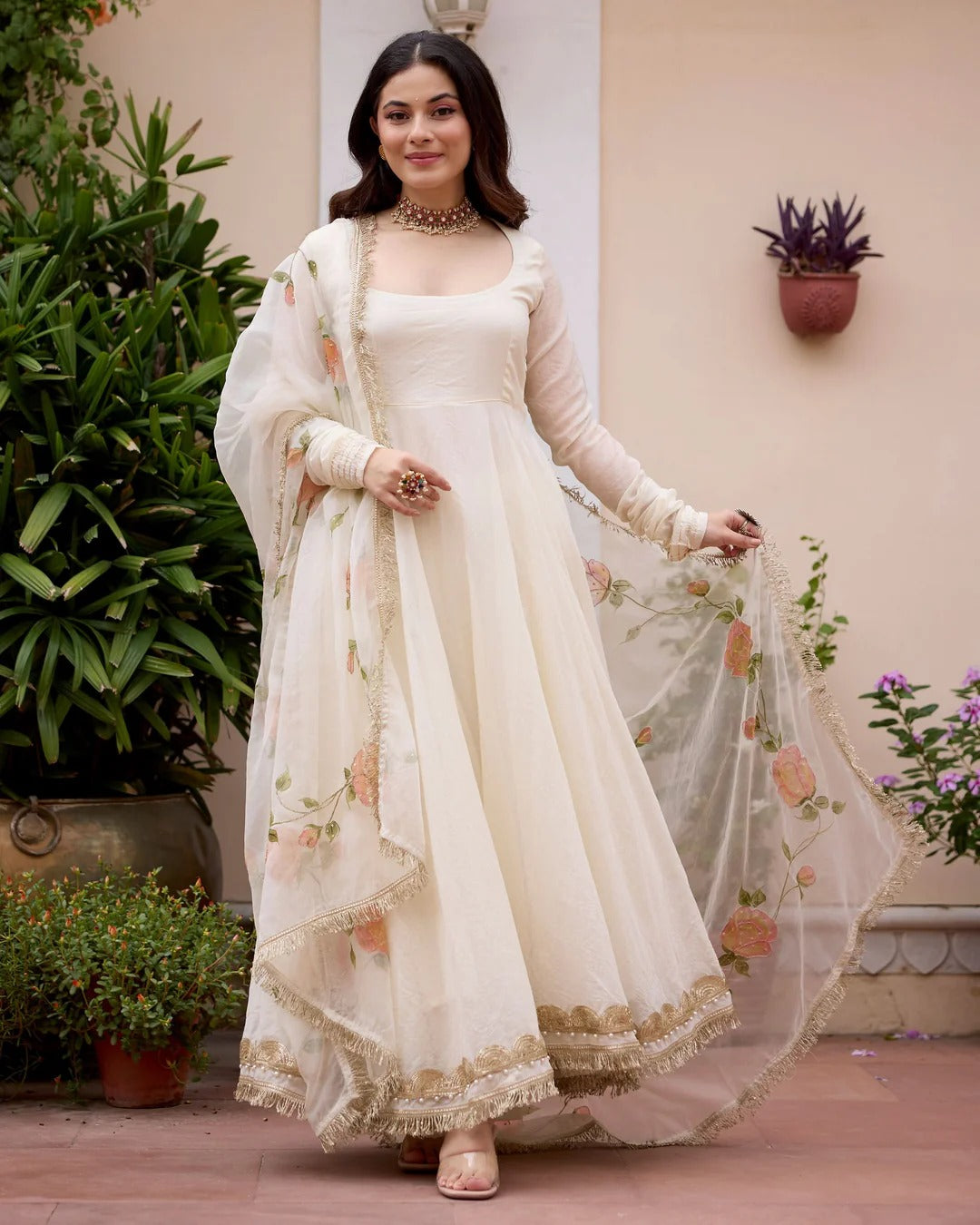 White Anarkali Suit Set with Floral Embroidered Dupatta for Women