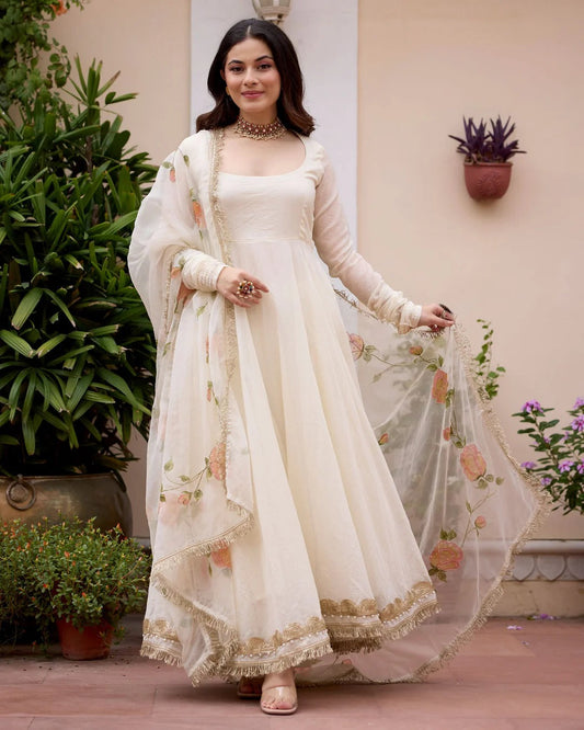 White Anarkali Suit Set with Floral Embroidered Dupatta for Women