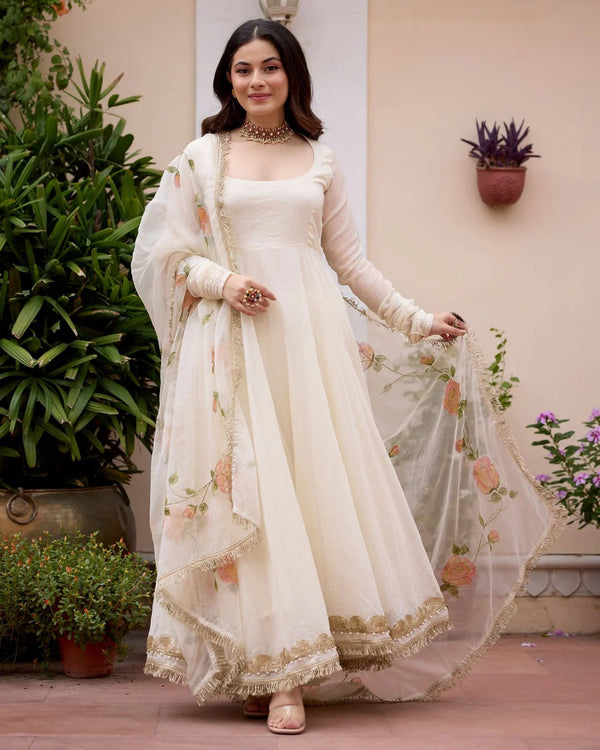 White Anarkali Suit Set with Floral Embroidered Dupatta for Women