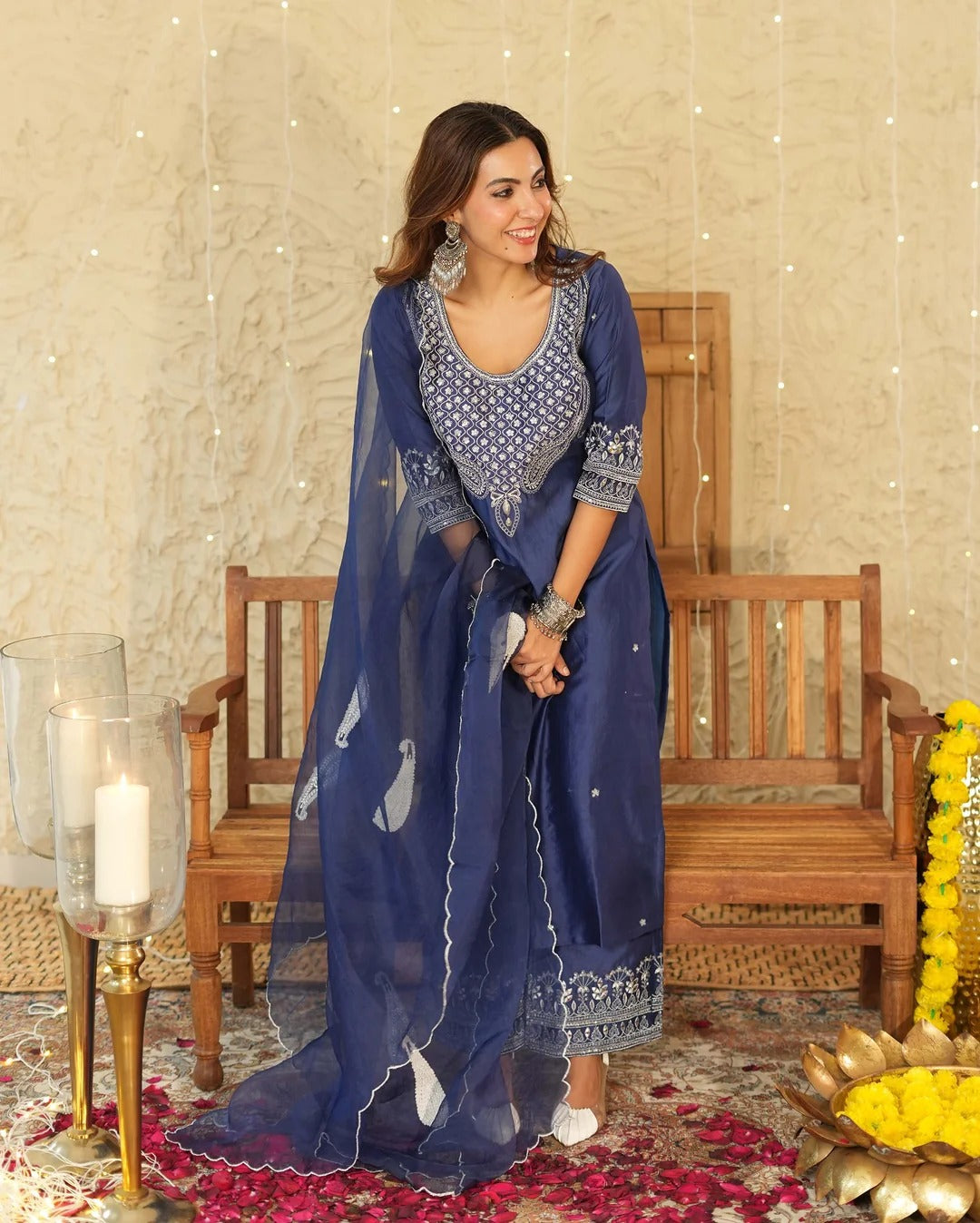Navy Blue Embroidered Kurta Pant Set with Organza Dupatta for Women
