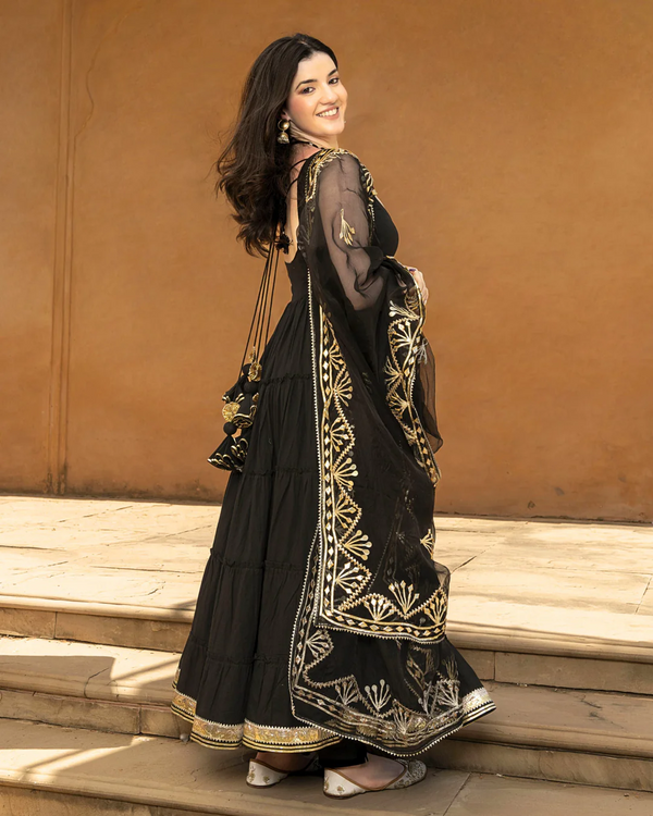 Black Tiered Anarkali Suit Set with Embroidered Dupatta for Women