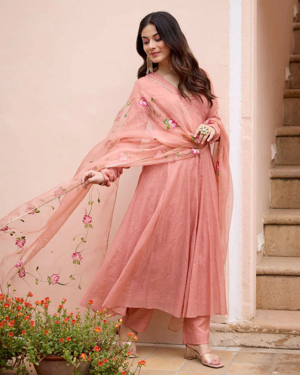 Peach Anarkali Suit Set with Floral Embroidered Dupatta for Women