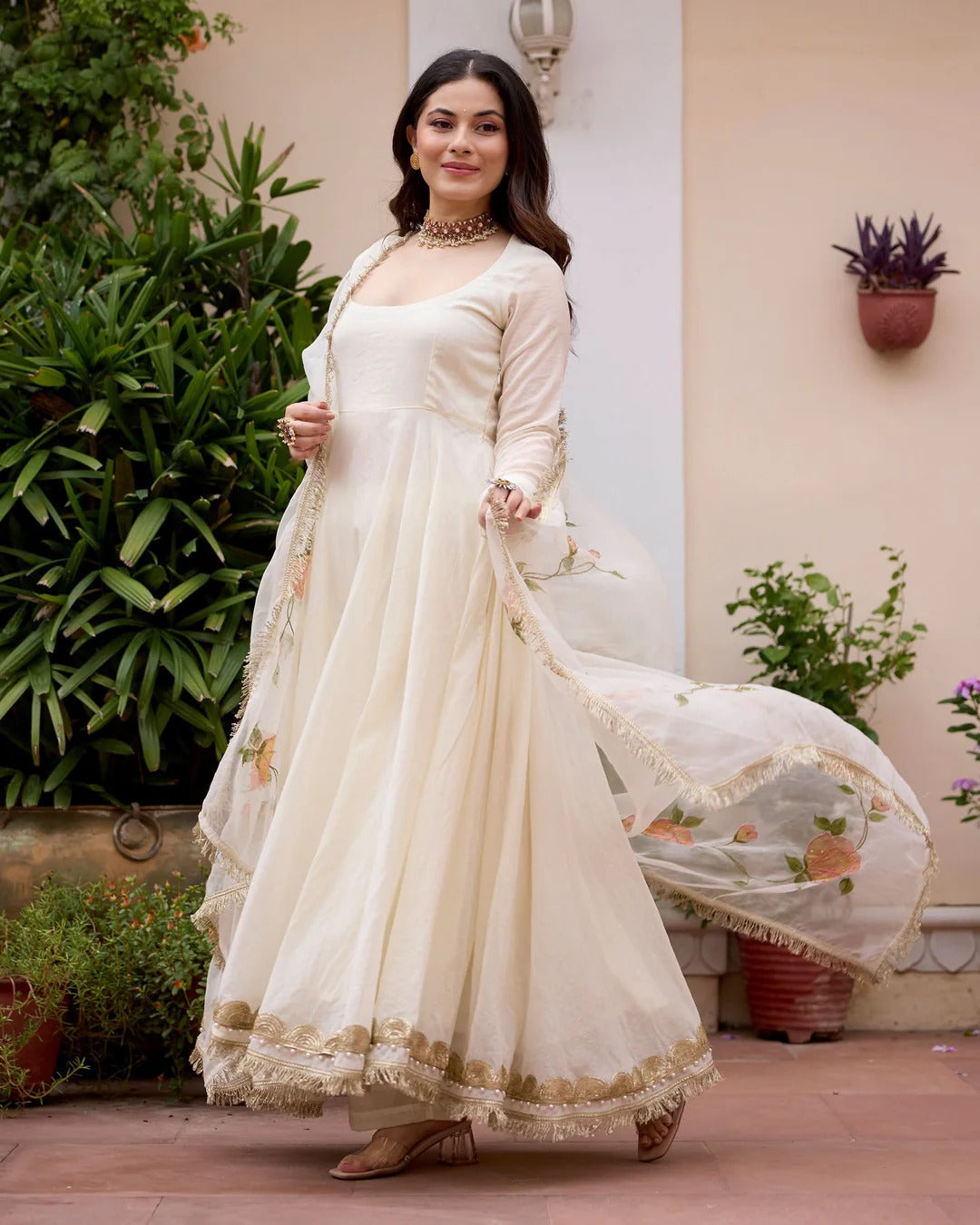 White Anarkali Suit Set with Floral Embroidered Dupatta for Women