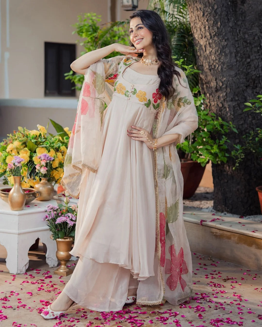 Ivory Floral Embroidered Anarkali Suit Set with Organza Dupatta for Women