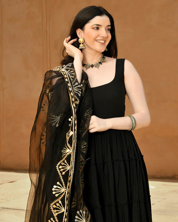 Black Tiered Anarkali Suit Set with Embroidered Dupatta for Women