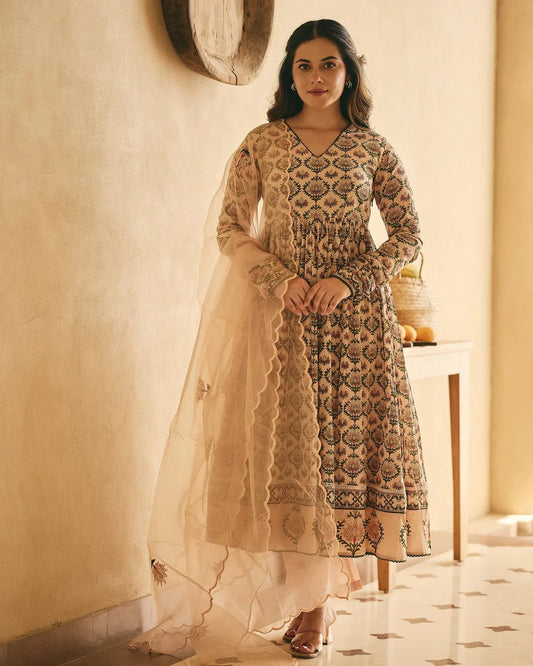 Beige Floral Printed Anarkali Suit Set with Organza Dupatta for Women