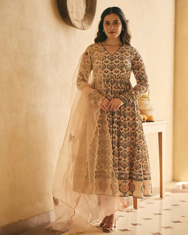 Beige Floral Printed Anarkali Suit Set with Organza Dupatta for Women