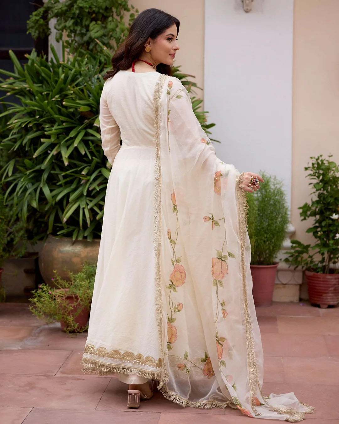 White Anarkali Suit Set with Floral Embroidered Dupatta for Women
