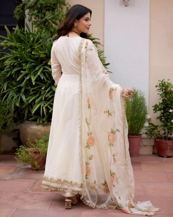 White Anarkali Suit Set with Floral Embroidered Dupatta for Women
