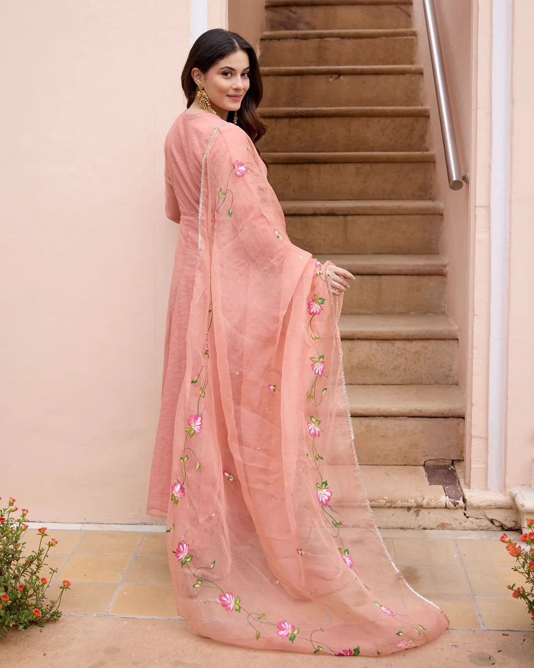 Peach Anarkali Suit Set with Floral Embroidered Dupatta for Women