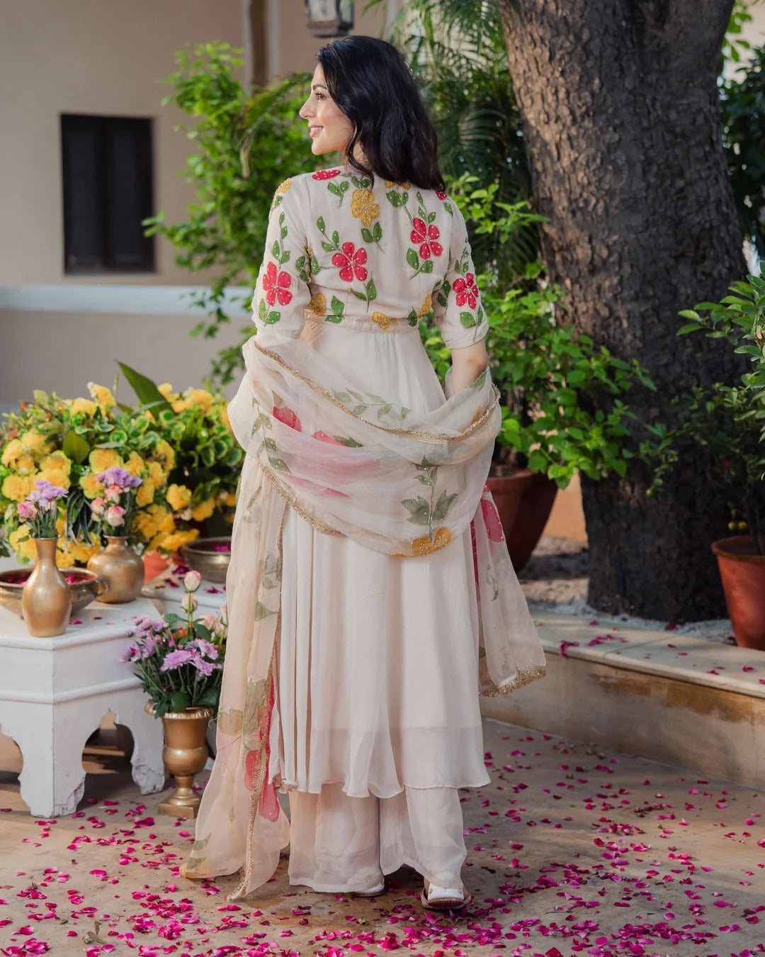 Ivory Floral Embroidered Anarkali Suit Set with Organza Dupatta for Women