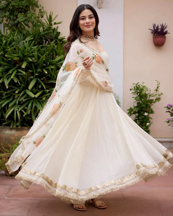 White Anarkali Suit Set with Floral Embroidered Dupatta for Women