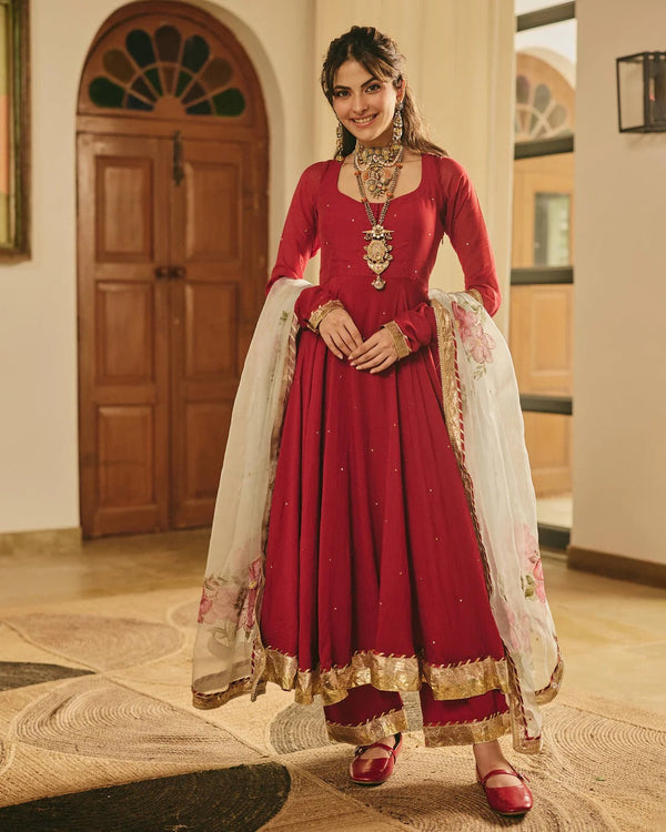 Maroon Anarkali Suit Set with Floral Embroidered Dupatta for Women