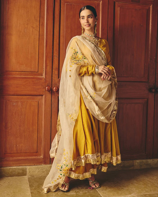 Mustard Yellow Anarkali Suit Set with Floral Embroidered Dupatta for Women