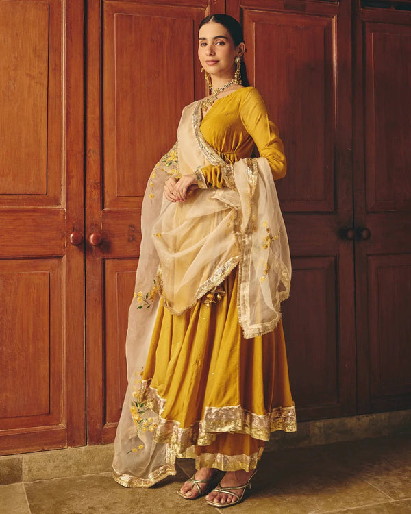 Mustard Yellow Anarkali Suit Set with Floral Embroidered Dupatta for Women