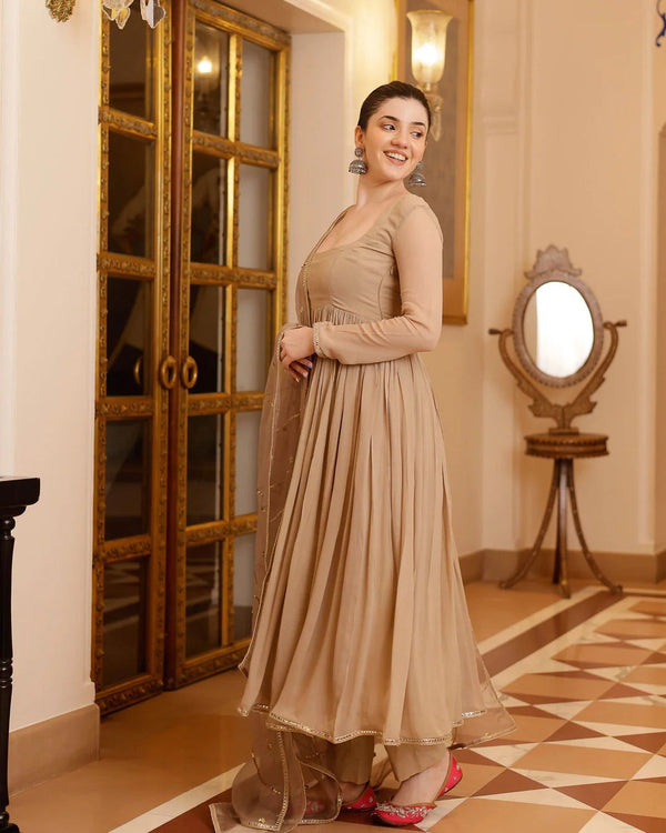 Beige Pleated Anarkali Suit Set with Dupatta for Women