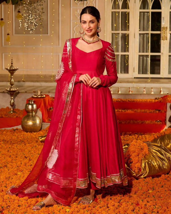 Hot Pink Anarkali Suit Set with Embroidered Organza Dupatta for Women