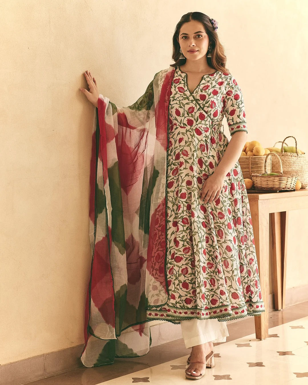 White Floral Printed Anarkali Suit Set with Cotton Dupatta for Women