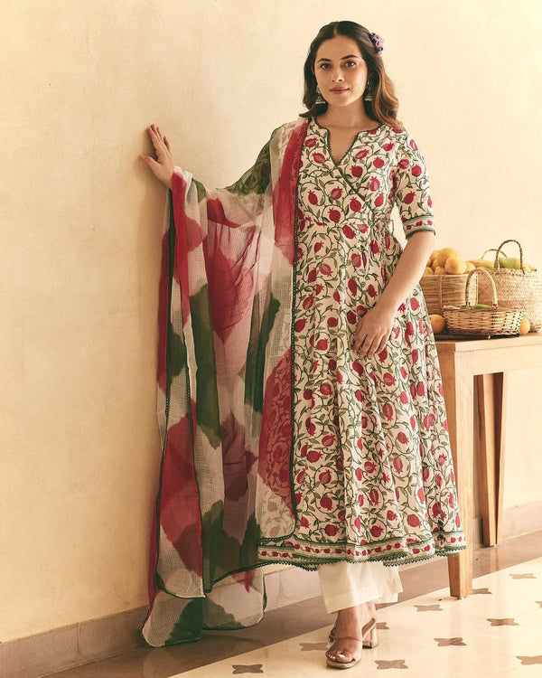 White Floral Printed Anarkali Suit Set with Cotton Dupatta for Women