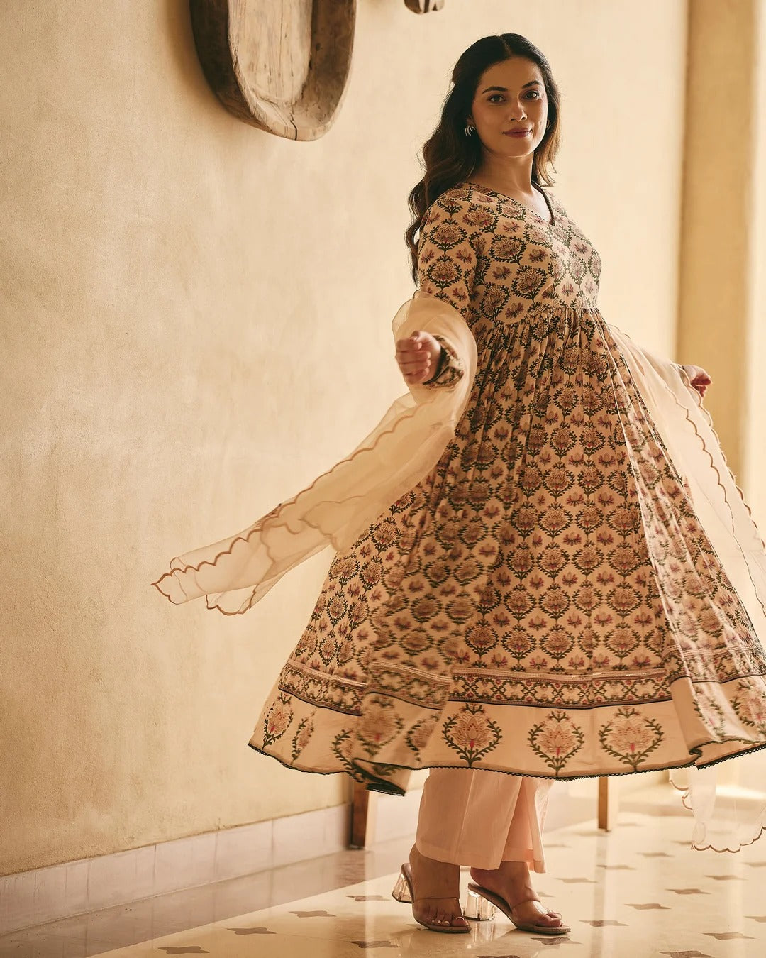 Beige Floral Printed Anarkali Suit Set with Organza Dupatta for Women