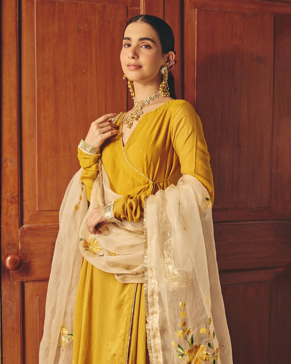 Mustard Yellow Anarkali Suit Set with Floral Embroidered Dupatta for Women