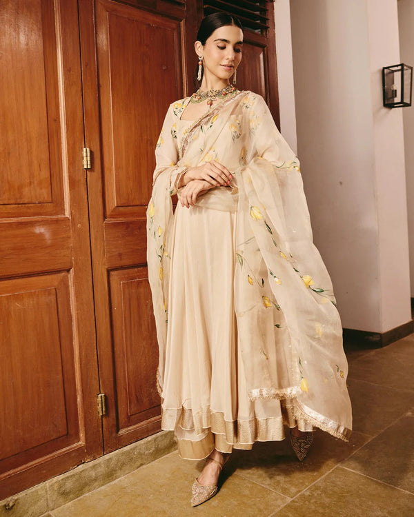 Cream Anarkali Suit Set with Floral Embroidered Dupatta for Women