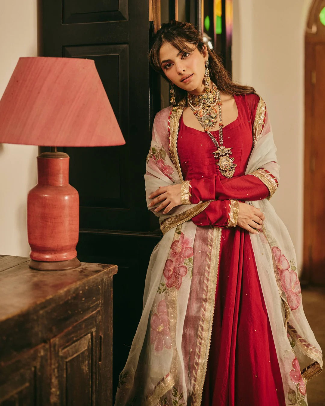 Maroon Anarkali Suit Set with Floral Embroidered Dupatta for Women