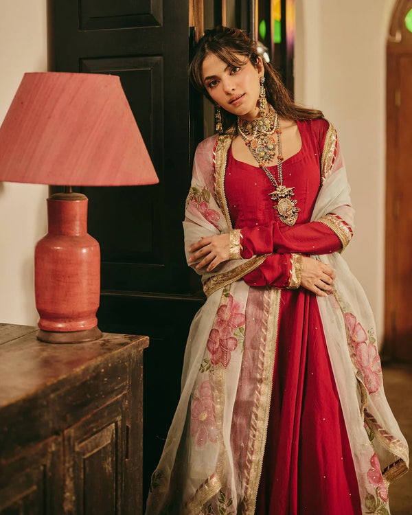 Maroon Anarkali Suit Set with Floral Embroidered Dupatta for Women