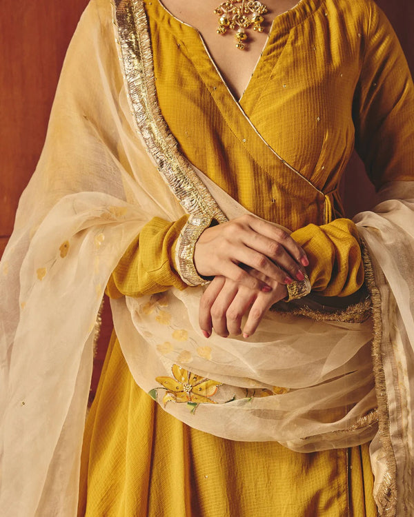 Mustard Yellow Anarkali Suit Set with Floral Embroidered Dupatta for Women