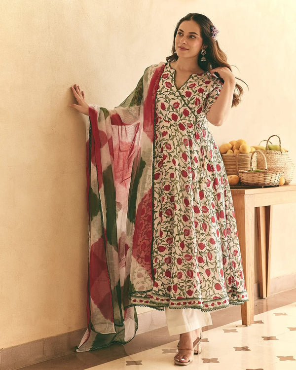 White Floral Printed Anarkali Suit Set with Cotton Dupatta for Women