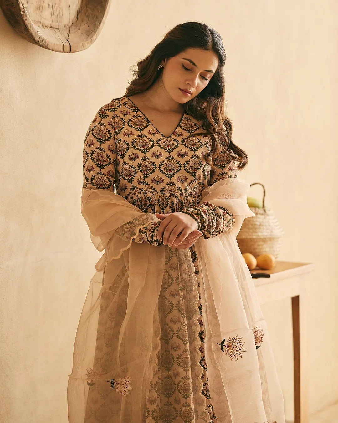 Beige Floral Printed Anarkali Suit Set with Organza Dupatta for Women