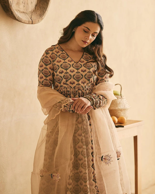 Beige Floral Printed Anarkali Suit Set with Organza Dupatta for Women