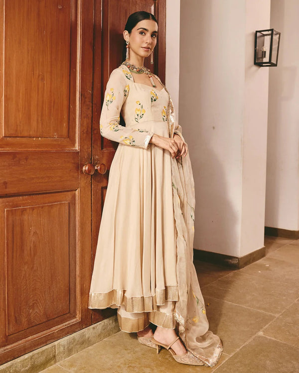 Cream Anarkali Suit Set with Floral Embroidered Dupatta for Women