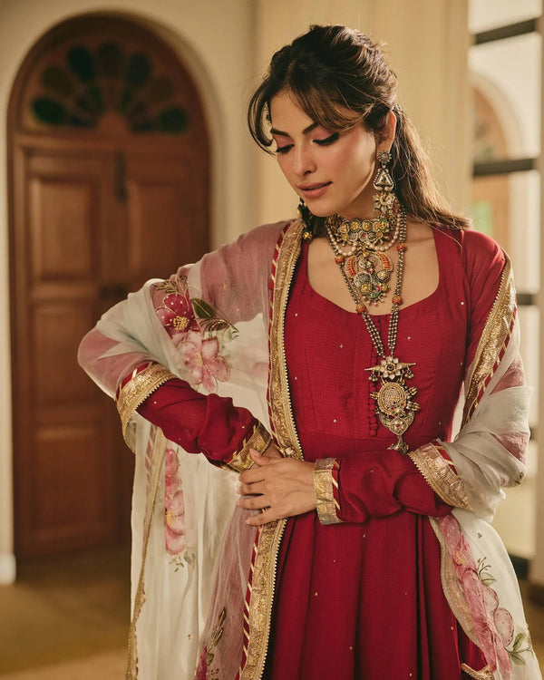 Maroon Anarkali Suit Set with Floral Embroidered Dupatta for Women