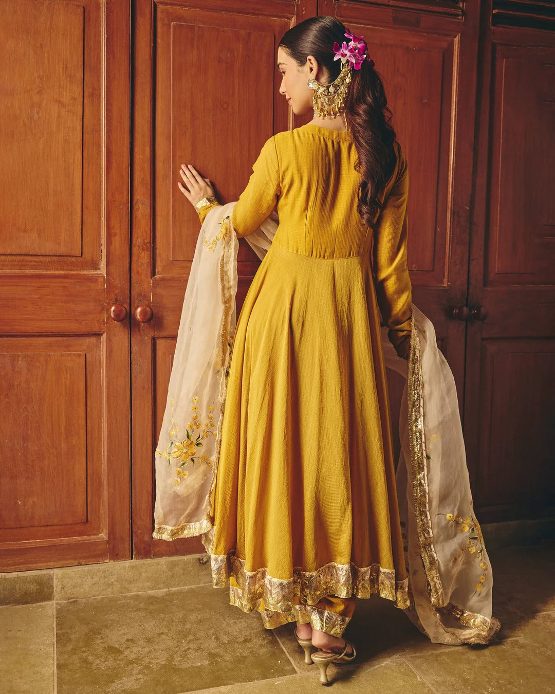 Mustard Yellow Anarkali Suit Set with Floral Embroidered Dupatta for Women