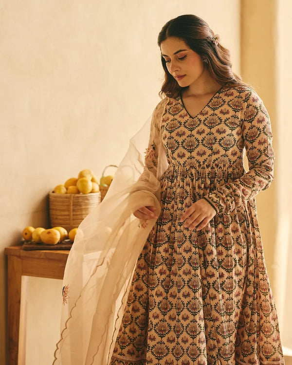 Beige Floral Printed Anarkali Suit Set with Organza Dupatta for Women