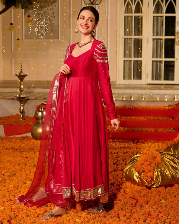 Hot Pink Anarkali Suit Set with Embroidered Organza Dupatta for Women