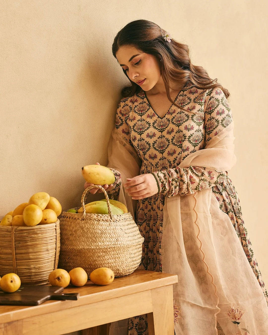 Beige Floral Printed Anarkali Suit Set with Organza Dupatta for Women
