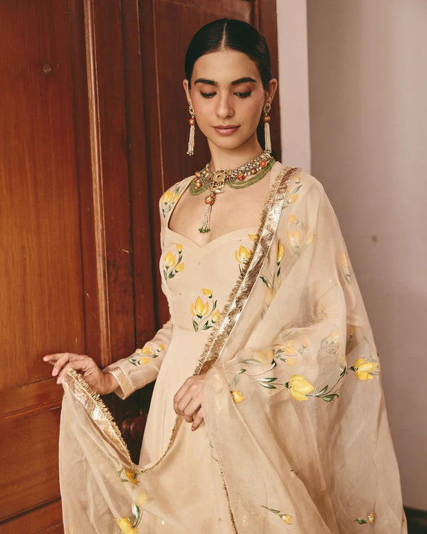 Cream Anarkali Suit Set with Floral Embroidered Dupatta for Women