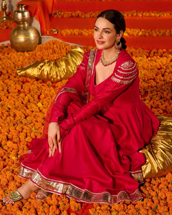 Hot Pink Anarkali Suit Set with Embroidered Organza Dupatta for Women