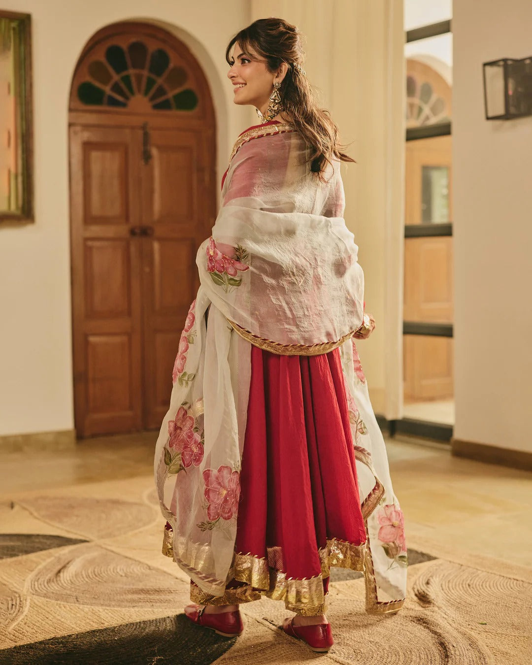 Maroon Anarkali Suit Set with Floral Embroidered Dupatta for Women