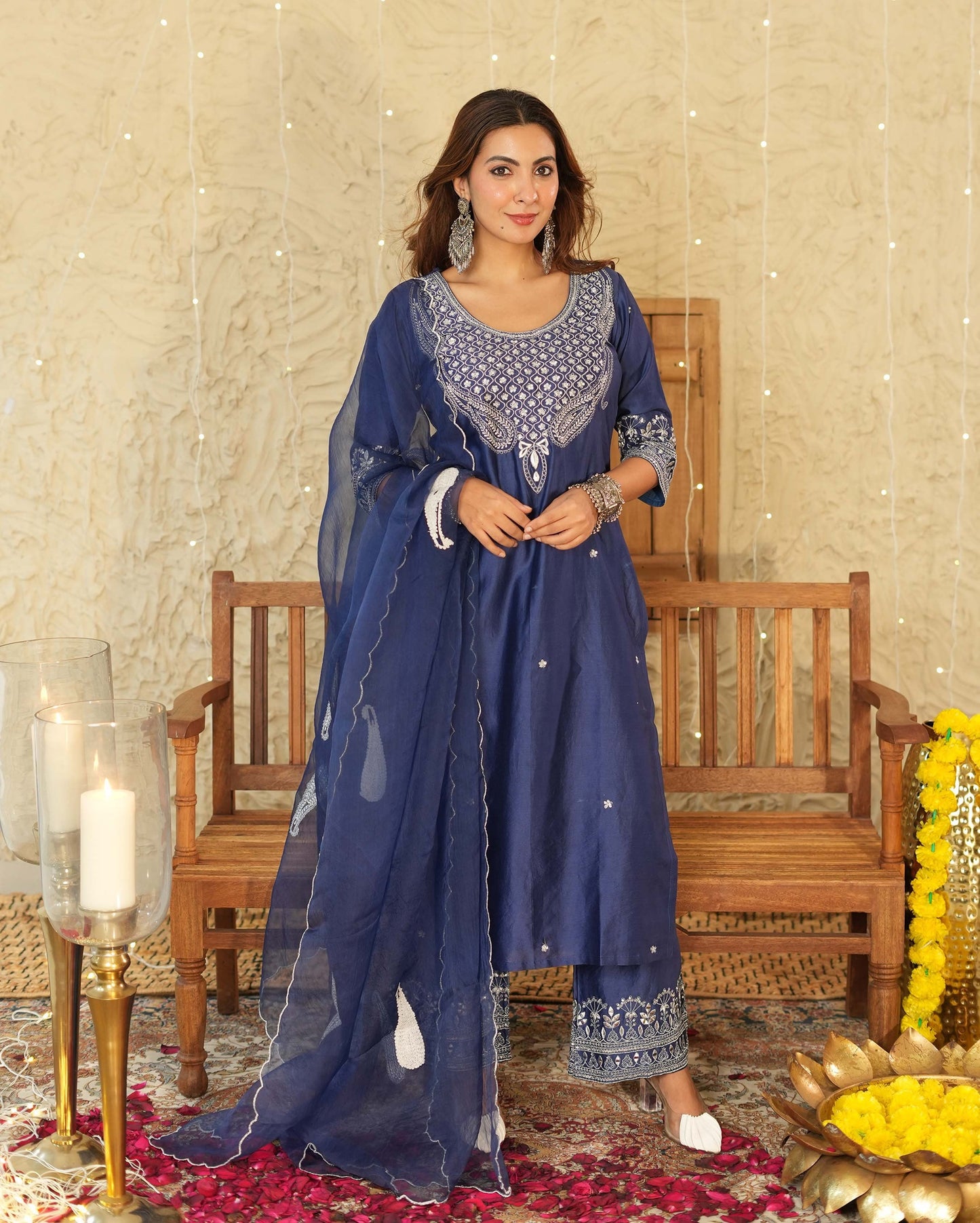 Navy Blue Embroidered Kurta Pant Set with Organza Dupatta for Women