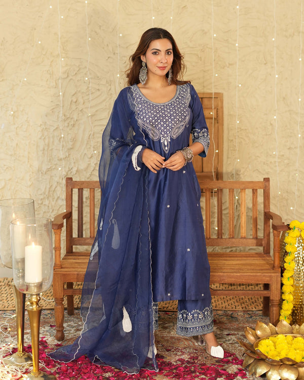 Navy Blue Embroidered Kurta Pant Set with Organza Dupatta for Women